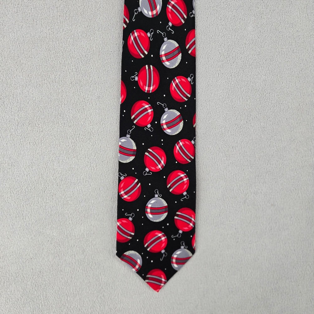 Holidays Mens Silk Necktie Christmas Ornament Glitter Festive Black Red - Picture 3 of 10